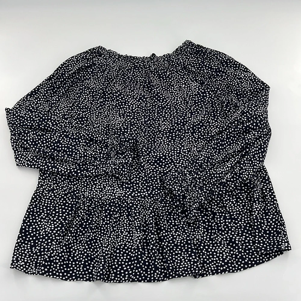LOFT Navy blue and White polka dot Puff‎ Sleeve Blouse with Mandarin Collar